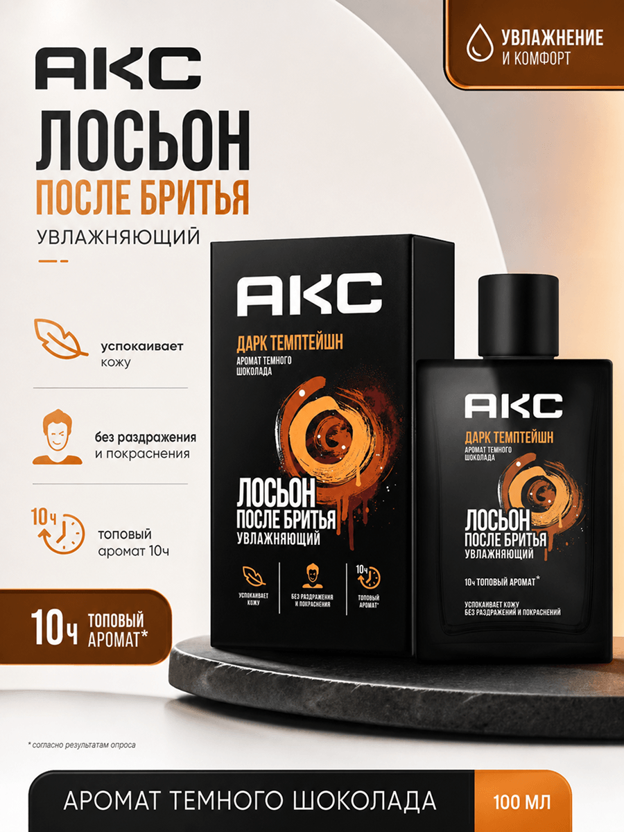 Инфографика: лосьон после бритья Axe Дарк Темптейшн 100 мл, увлажнение и успокоение кожи