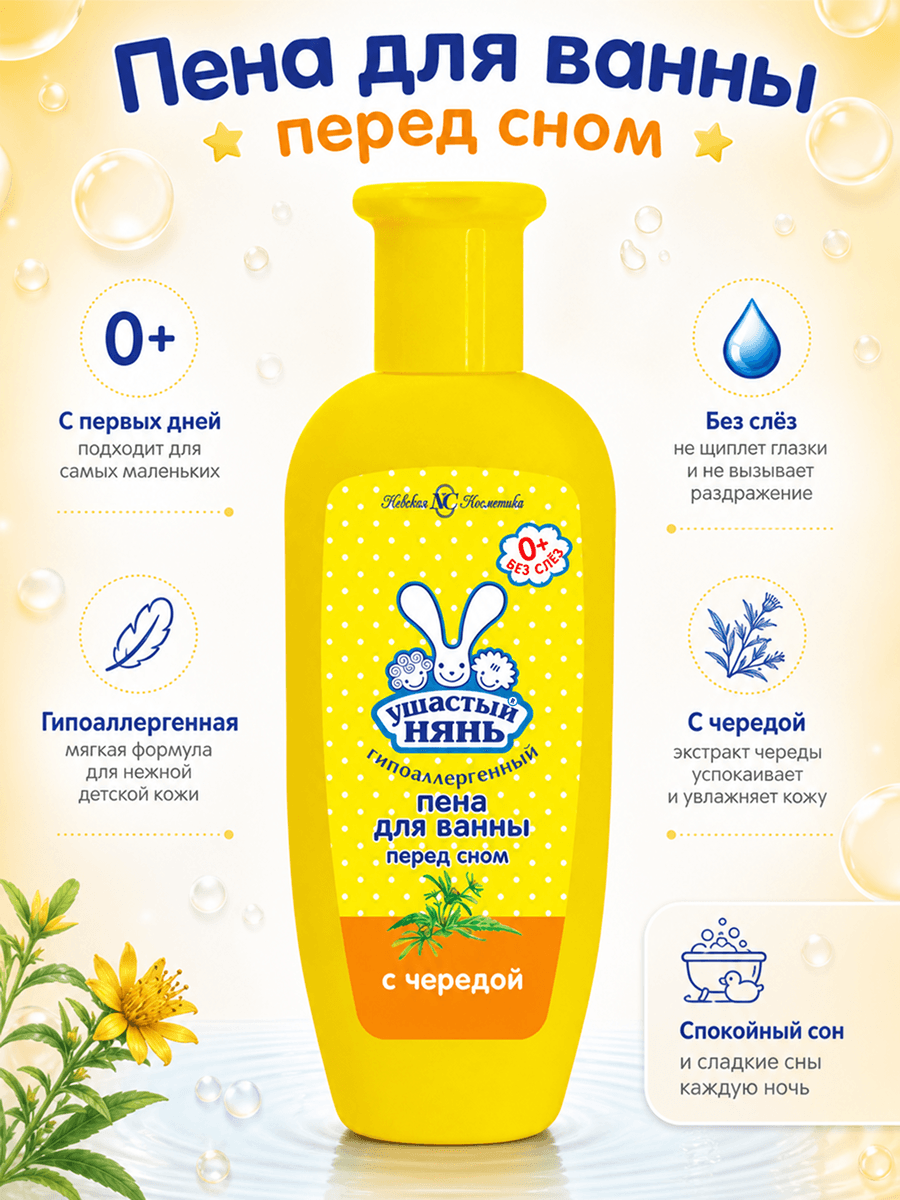 Инфографика: пена для ванн детская Ушастый нянь с чередой 250 мл — мягкая пена, гипоаллергенно, для купания малышей с первых дней