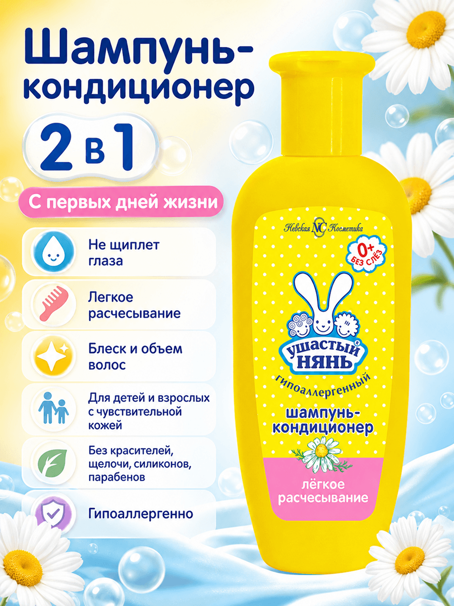 Инфографика: шампунь-кондиционер детский Ушастый нянь 2 в 1 200 мл — мягкое очищение, облегчает расчёсывание, не щиплет глаза