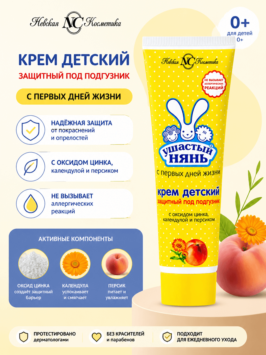 Инфографика: крем детский защитный под подгузник Ушастый нянь 100 мл, с оксидом цинка, от опрелостей и раздражения, подходит с первых дней жизни